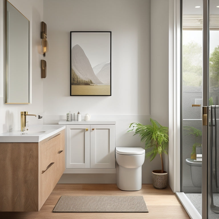 A sleek, modern bathroom with a wall-mounted pedestal sink featuring a built-in storage cabinet below, surrounded by minimalist decor, soft natural light, and a neutral color palette.