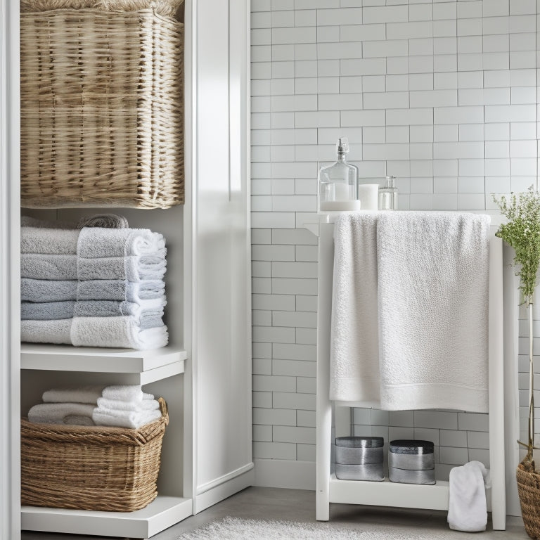 A tidy corner bathroom with a sleek, white, three-tiered shelf unit, adorned with rolled towels, a woven basket, and a few decorative bottles, against a soft, light-gray background.