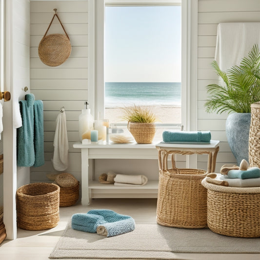 A serene coastal bathroom scene with woven seagrass baskets, driftwood shelves, and a jute rug, surrounded by calming ocean hues and soft natural light, with decorative shells and pebbles scattered throughout.