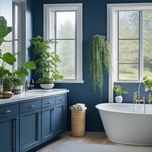A serene, modern bathroom with dark blue cabinets, white countertops, and a freestanding tub, surrounded by natural light pouring in through a large window with a subtle, leafy view.