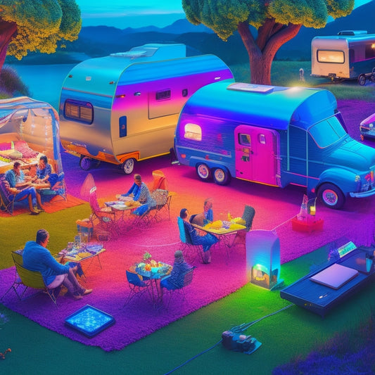 A vibrant, colorful illustration of a virtual campsite, with R-pod trailers and happy campers surrounded by laptops, tablets, and smartphones, all connected by glowing threads of conversation.