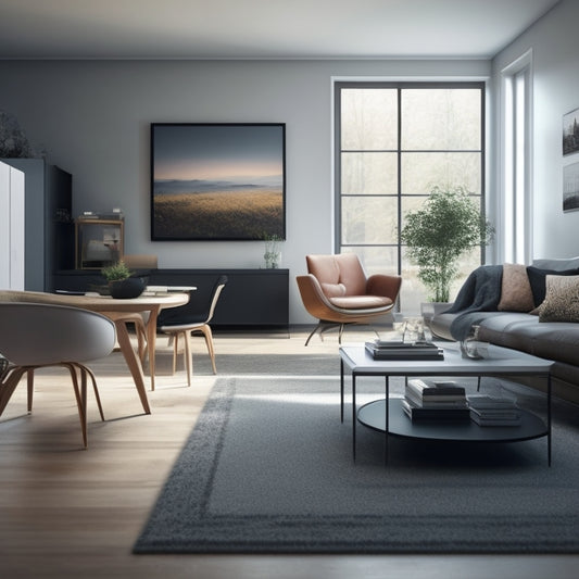 A modern, minimalist living room with a sleek laptop on a coffee table, surrounded by scattered floor plan papers and a 3D room design on the screen, with a partially designed room in the background.