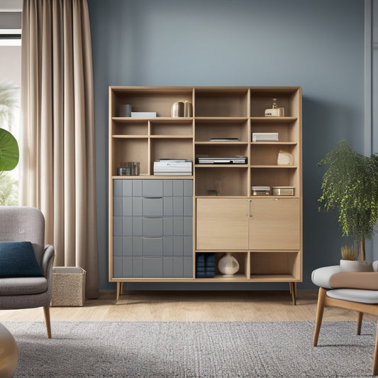 A minimalist illustration of a HAUGA cabinet in a modern living room, with opened doors revealing adjustable shelves and compartments, surrounded by laptop, toolbox, and various decorative objects.