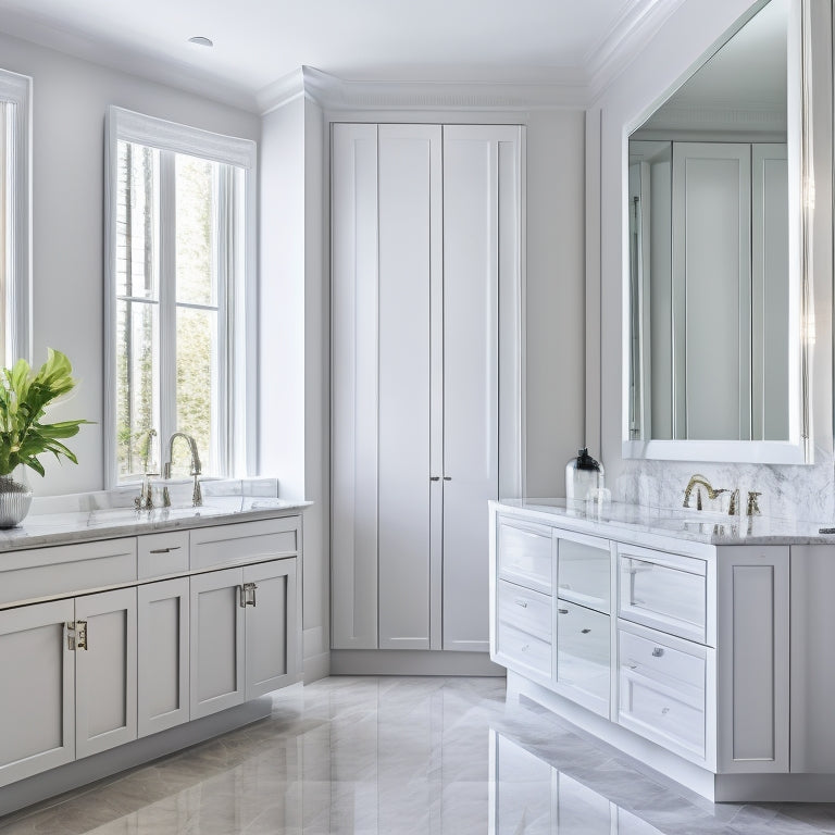 A serene, monochromatic bathroom featuring sleek, floor-to-ceiling slimline cabinets in a polished chrome finish, mirrored to create the illusion of depth, amidst a backdrop of creamy white marble and soft, ambient light.