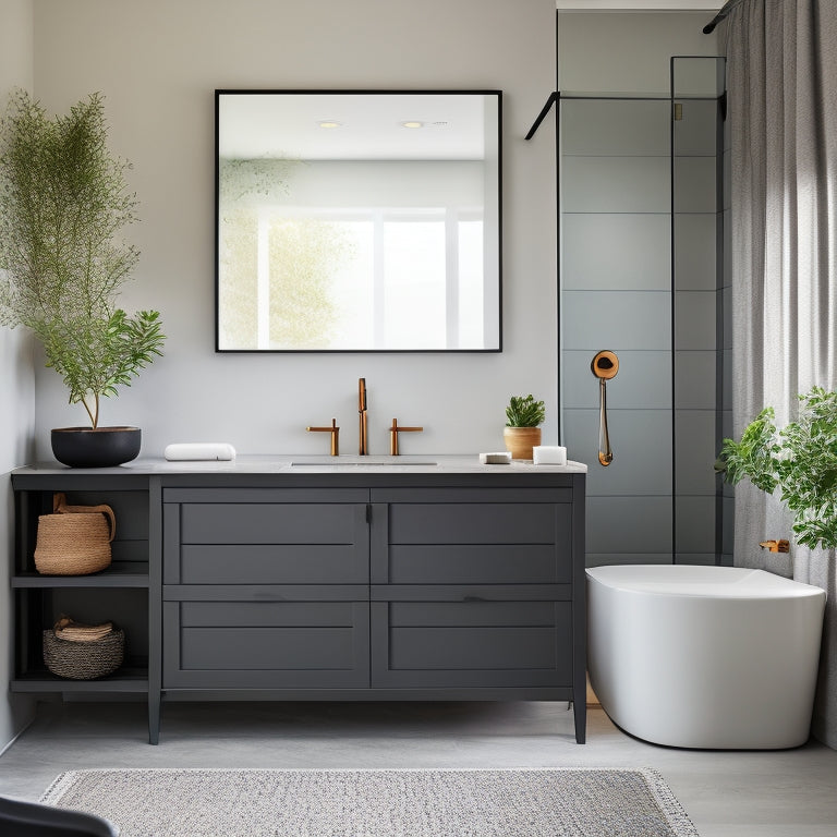 A serene, modern bathroom with a wall-mounted cabinet featuring pull-out shelves, a recessed medicine cabinet, and a freestanding tub surrounded by woven baskets and a minimalist, matte-black faucet.