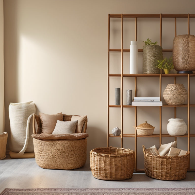 A serene, minimalist room with a rattan basket in the foreground, filled with neatly stacked books and a few decorative objects, surrounded by a few more baskets of varying sizes, against a soft, creamy background.