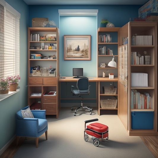 An illustration of a clutter-free, wheelchair-accessible room with a U-shaped desk, adjustable shelves, and a slide-out storage cabinet, with a wheelchair in the center, surrounded by ample floor space.