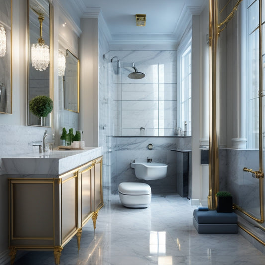 A luxurious bathroom with a sleek, polished chrome bar extending from the wall, holding a few elegant glass shelves, beneath a large, rainfall showerhead, surrounded by marble-clad walls and floors.
