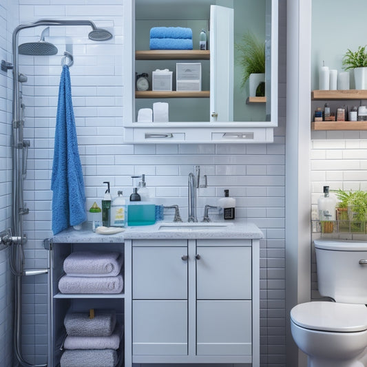 A cluttered small bathroom with toiletries scattered everywhere, contrasted with a sleek, organized bathroom featuring a wall-mounted cabinet, a pedestal sink with built-in storage, and a shower caddy.