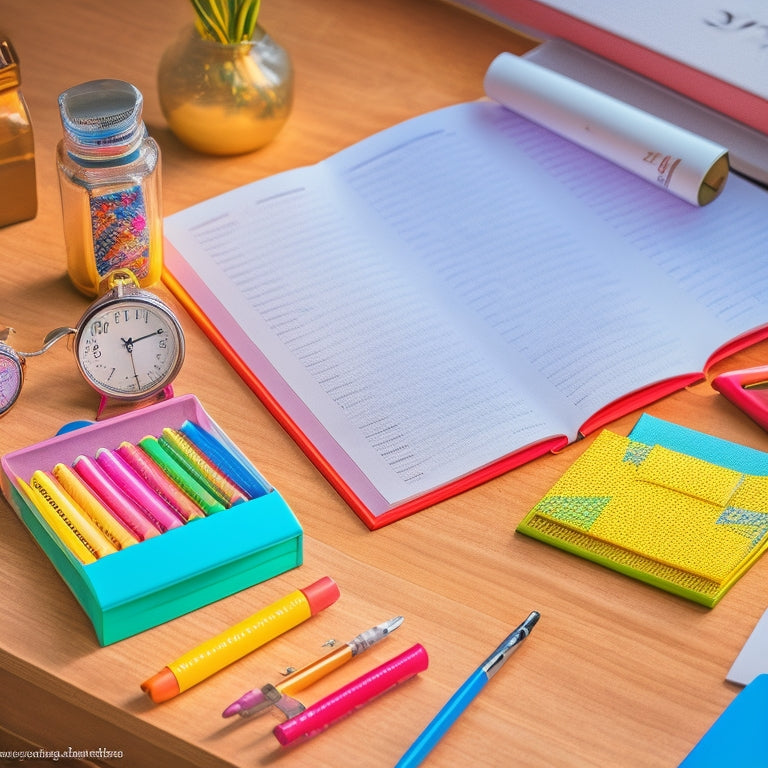 Illustrate a tidy, organized desk with a planner open to a colorful, neatly filled-out calendar page, surrounded by a few pens, a small clock, and a motivational star sticker.