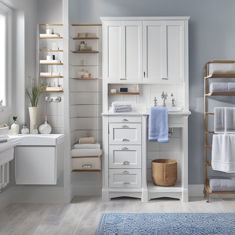 A modern, clutter-free bathroom with a wall-mounted cabinet, a pedestal sink with a built-in storage drawer, and a floor-to-ceiling shelving unit holding rolled towels and decorative baskets.