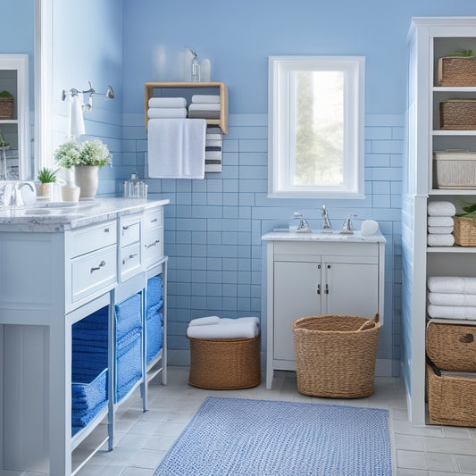 A serene, well-lit bathroom with a tidy cabinet featuring stackable baskets, woven storage bins, and a turntable for easy access, surrounded by a calming blue and white color scheme.