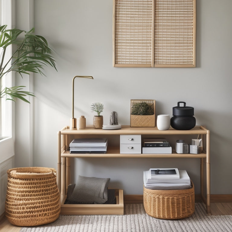 A serene, minimalist bedroom with a bamboo desk organizer holding a laptop, notebook, and pen, surrounded by a few strategically placed bamboo storage baskets and a woven bamboo wall shelf.