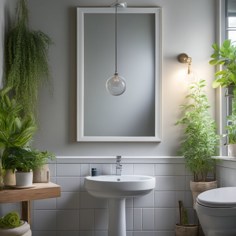 A serene, compact bathroom with a soft gray wall, white pedestal sink, and a circular mirror above, surrounded by lush greenery in small pots on a wooden shelf, illuminated by a pendant light.