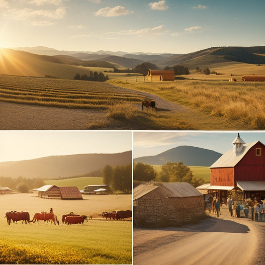 A sun-kissed landscape with rolling hills, a winding road, and a few rustic barns in the distance, leading to a bustling outdoor market with eclectic goods and people from all walks of life.