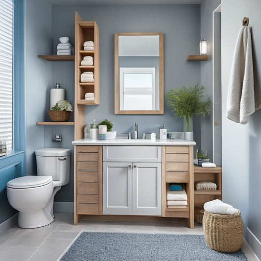 A serene, modern bathroom with a wall-mounted cabinet, a pedestal sink, and a floor-to-ceiling storage unit, showcasing clever organization tips, with towels, toiletries, and decorative accents neatly arranged.