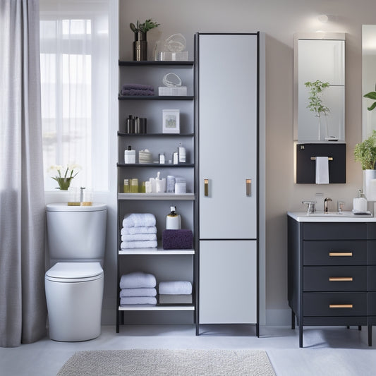 A sleek, modern bathroom with a wall-mounted cabinet featuring a rotating shelf, surrounded by matching rotating storage towers and a floor-standing turntable organizer with baskets and toiletry holders.