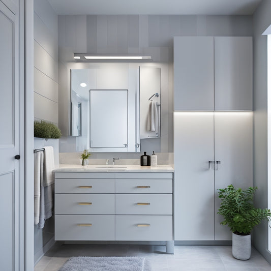A modern bathroom with a large, wall-mounted medicine cabinet featuring a mirrored door, soft-close drawers, and warm LED strip lights above and below, surrounded by crisp white tiles and a sleek, gray countertop.