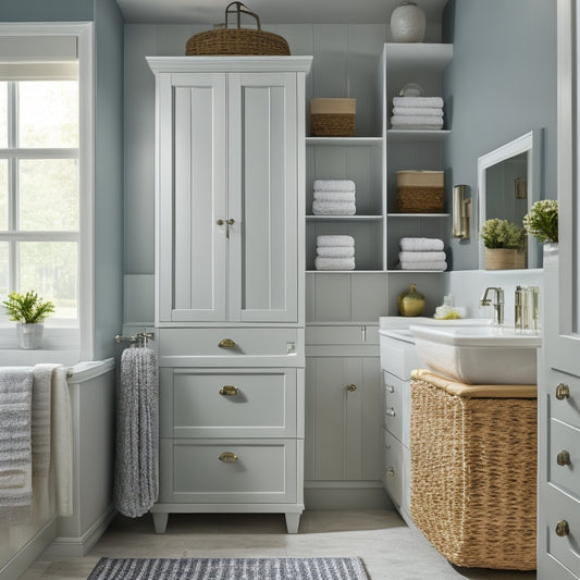 A serene bathroom with a wall-mounted cabinet featuring a mirrored door, a recessed shelf with rolled towels, and a tiered storage unit with woven baskets, surrounded by soft, warm lighting.