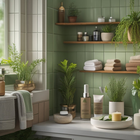 A stylish bathroom scene featuring elegant rotating storage shelves filled with neatly organized toiletries, lush green plants, and decorative jars, all set against soft pastel tiles and warm ambient lighting.