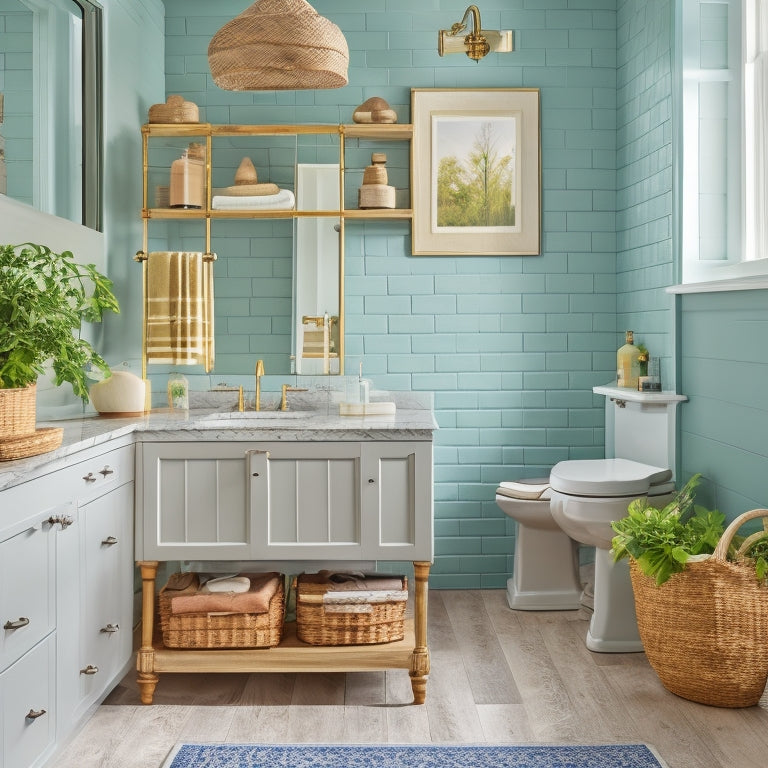 A beautifully styled bathroom with a pedestal sink, surrounded by clever storage solutions such as woven baskets, decorative cabinets, and a ladder shelving unit, all in a calming, spa-like atmosphere.