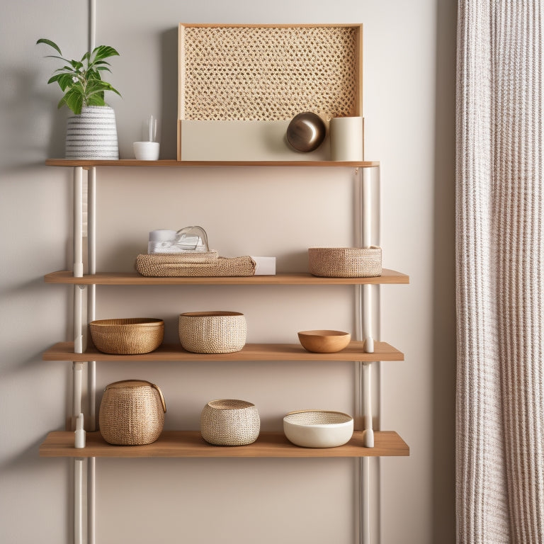 A sleek, modern wall organizer with a combination of wooden and metallic accents, featuring hooks, shelves, and baskets, against a soft, creamy background with subtle shadows.