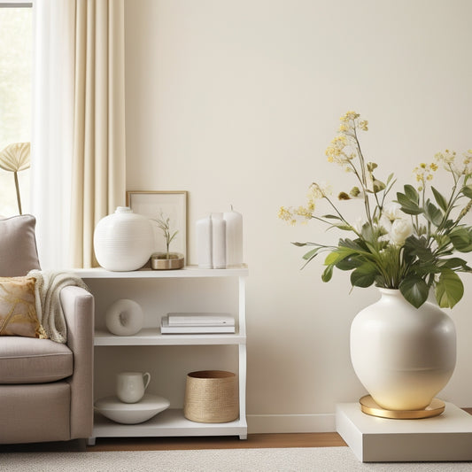 A serene, minimalist living room with a few, carefully-placed decorative items, a vase with fresh flowers, and a single, neatly-organized bookshelf, set against a soft, creamy white background.