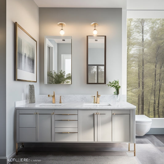 A sleek, modern bathroom with a wall-mounted, double-sink vanity featuring Kohler's latest fixtures, surrounded by gleaming white countertops, minimalist mirrored cabinets, and a soft, warm lighting ambiance.