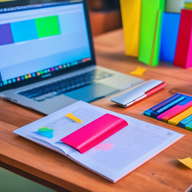 An open laptop with a note-taking app on the screen, surrounded by colorful sticky notes, a half-filled journal, and a few favorite pens, set against a clean and minimalist wooden desk.