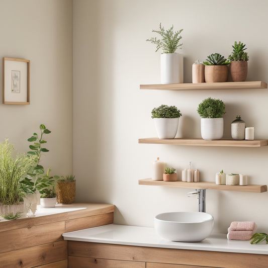 A serene bathroom scene featuring sleek, minimalist floating shelves in natural wood, adorned with potted succulents and elegant white ceramic containers, against a soft pastel wall, with gentle light illuminating the space.