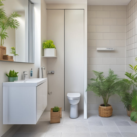 A serene, minimalist small bathroom with a wall-mounted sink, a compact toilet, and a shower area with a glass door, surrounded by sleek, white storage cabinets and a few well-placed plants.