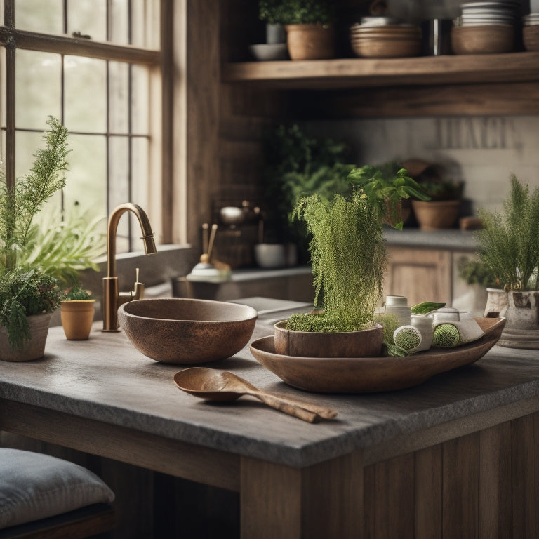 A beautifully styled kitchen with a large, rustic wood sink as the centerpiece, surrounded by natural stone countertops, wooden utensils, and a few potted herbs, with warm, golden lighting.