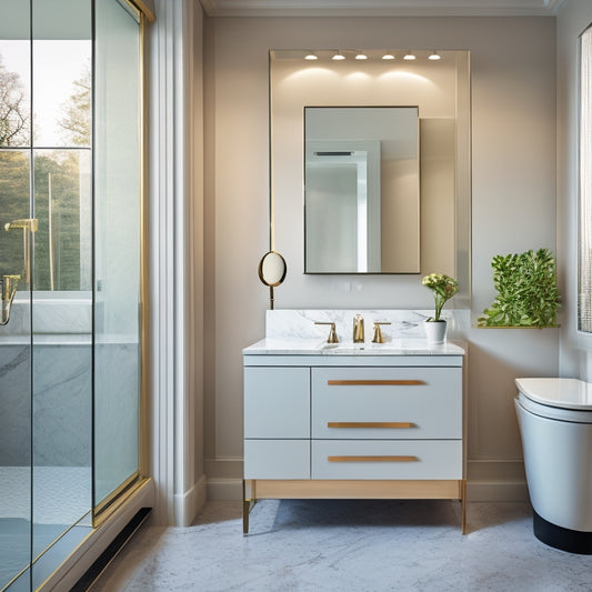 A sleek, modern bathroom with a large, wall-mounted cabinet featuring a recessed mirror, soft-close drawers, and a chrome handle, surrounded by marble countertops and a freestanding tub.