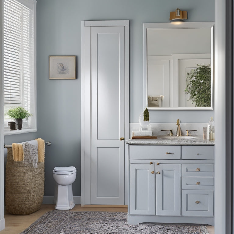 A clutter-free bathroom with a sleek, wall-mounted cabinet featuring a mirrored door, adjacent to a pedestal sink with a built-in storage drawer and a woven basket tucked beneath.