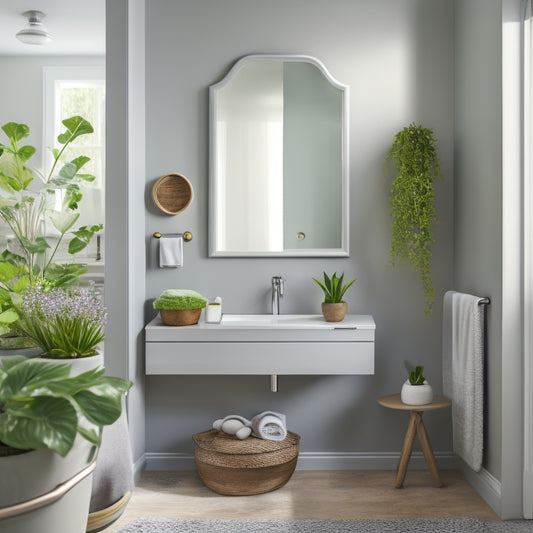 A serene bathroom with a large mirror above a floating shelf, holding a decorative vase, a few rolled towels, and a small potted plant, against a soft, light-gray wall.