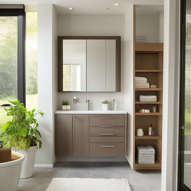 A sleek, modern bathroom with a wall-mounted cabinet featuring adjustable shelves, a pedestal sink with built-in drawer, and a floor-to-ceiling storage unit with sliding glass doors.