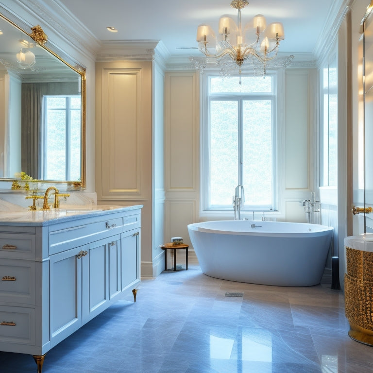 A luxurious bathroom with a floor-to-ceiling, wall-mounted cabinet in polished chrome, featuring soft-close drawers and a recessed LED light strip, surrounded by marble countertops and a freestanding tub.