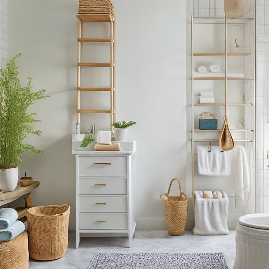 A clutter-free, minimalist bathroom with a freestanding tub, surrounded by clever storage solutions: woven baskets on shelves, a pedestal sink with built-in cabinet, and a ladder leaning against a wall with hanging towels.