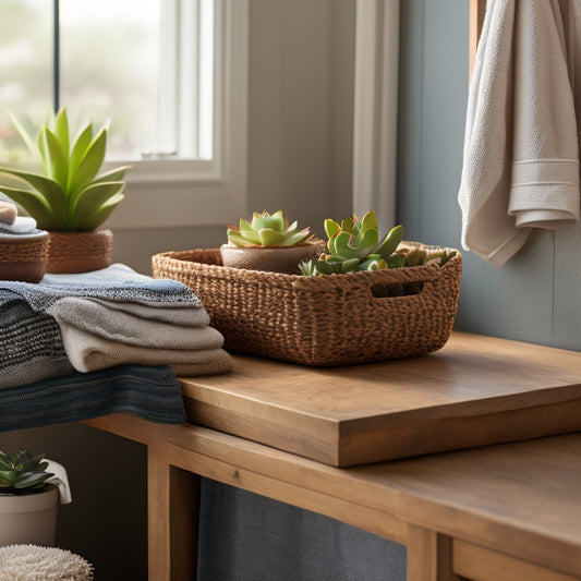 A tidy bathroom countertop with a stack of colorful storage bins, a woven basket holding rolled towels, and a trio of small succulents on a wooden shelf above a sink.