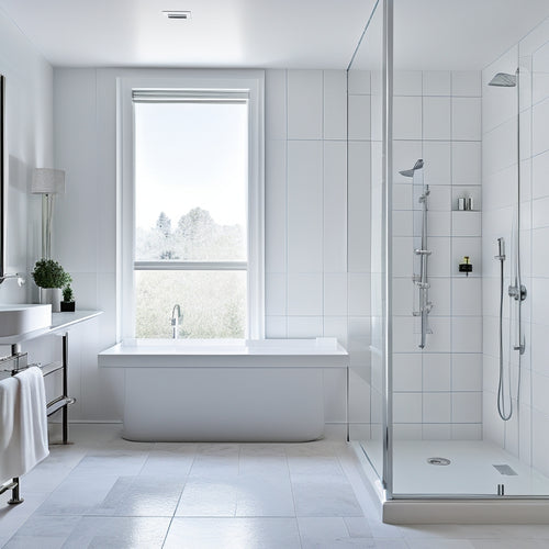 A serene, minimalist bathroom with a sleek, white freestanding tub nestled beside a glass-enclosed shower, surrounded by polished chrome fixtures and cream-hued marble flooring.