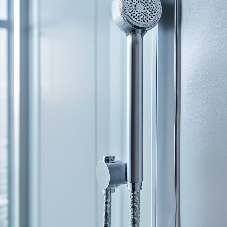 A modern, sleek shower handle in a polished chrome finish, mounted on a clean, white tile wall, with water droplets glistening on its surface, surrounded by a blurred, out-of-focus showerhead.