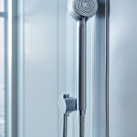 A modern, sleek shower handle in a polished chrome finish, mounted on a clean, white tile wall, with water droplets glistening on its surface, surrounded by a blurred, out-of-focus showerhead.