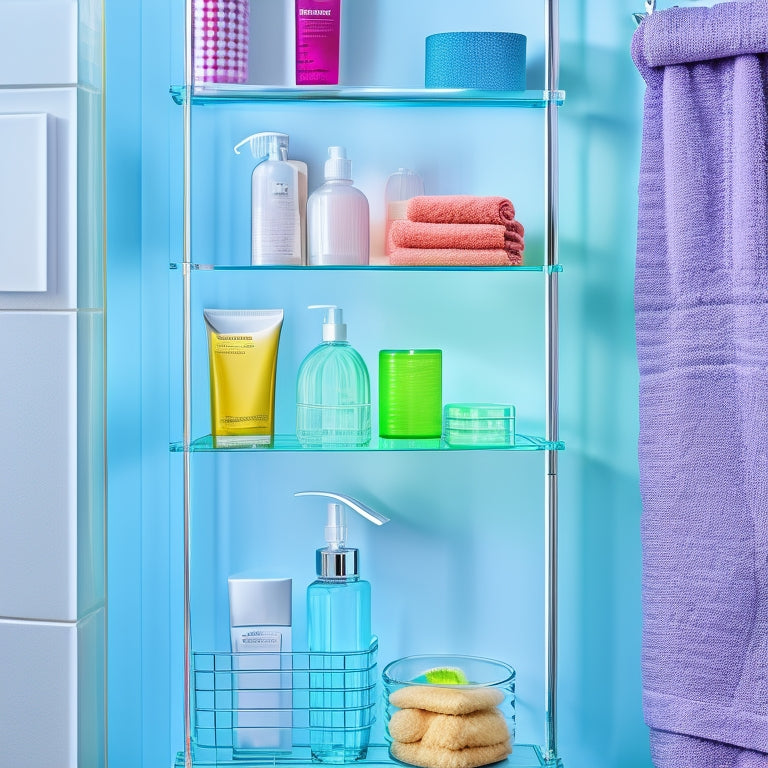A sleek, modern shower caddy with multiple clear acrylic shelves, suspended from a chrome hook, surrounded by vibrant bath products and a gentle cascade of water, showcasing an organized and stylish bathroom space.