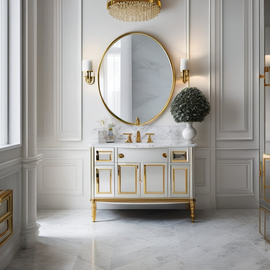 A sleek, modern bathroom featuring a ornate, gold-toned vanity with ornamental legs, surrounded by marble countertops, white walls, and a large, round mirror with a subtle LED glow.