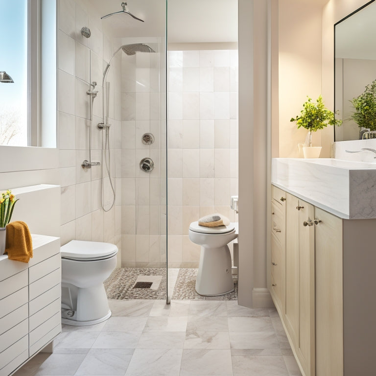 A photograph of a small, modern bathroom with a newly installed toilet and shower, featuring sleek, white fixtures, glass enclosure, and a marble-tiled floor, with tools and materials scattered around.