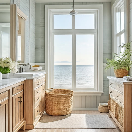 A serene bathroom with soft, creamy walls, distressed wood cabinets, and woven sea grass baskets storing rolled towels, surrounded by calming ocean views through a large window.