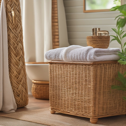 A serene bathroom with a bamboo vanity organizer, woven storage basket, and natural fiber towels, surrounded by lush greenery and soft, warm lighting.