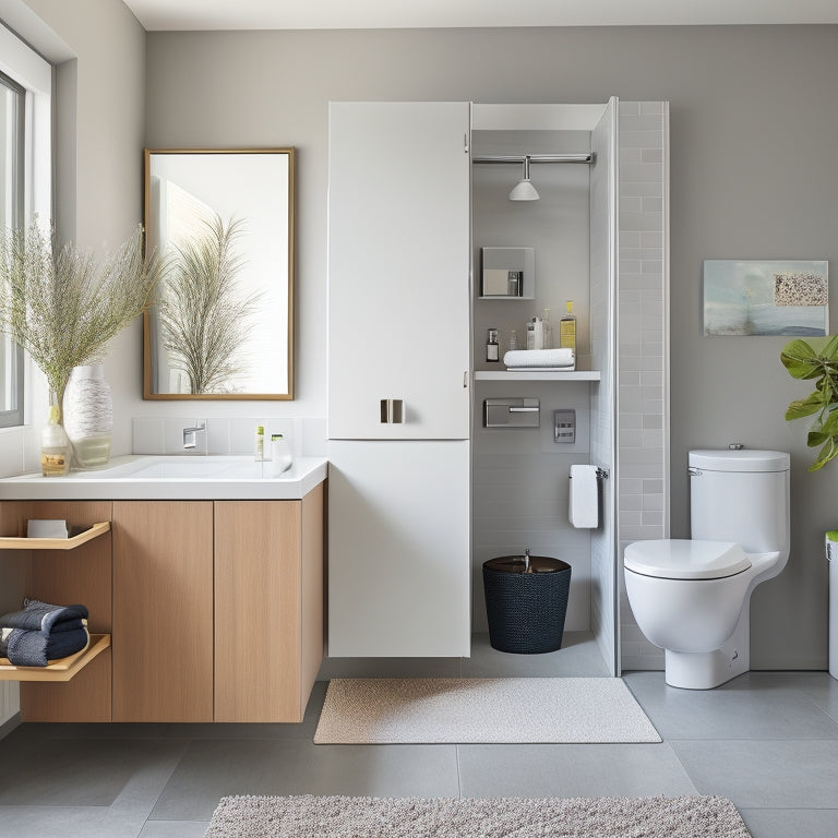 A sleek, modern bathroom with a wall-mounted, sliding storage cabinet, a pedestal sink with built-in drawers, and a shower caddy with tension-mounted, adjustable shelves.