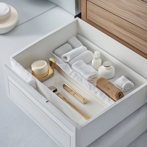 A sleek, modern bathroom drawer with soft, warm lighting, showcasing intricately designed inserts with separate compartments for toiletries, cosmetics, and skincare products, against a clean, white background.