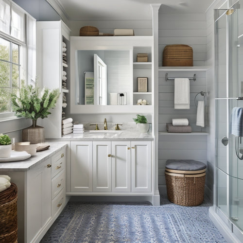 A serene, well-lit bathroom with a sleek, wall-mounted cabinet, a woven storage basket beneath the sink, a recessed medicine cabinet, a pedestal sink with built-in storage, and a floor-to-ceiling shelving unit.